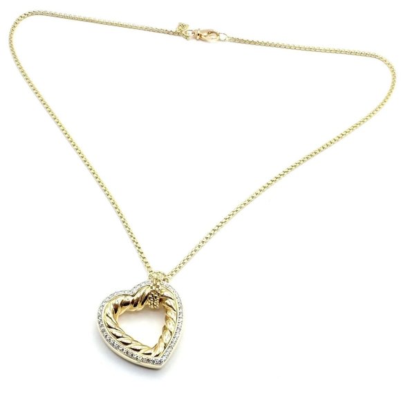 David Yurman Cable 18k Yellow Gold Diamond Large Heart Pendant Chain Necklace - Picture 3 of 8